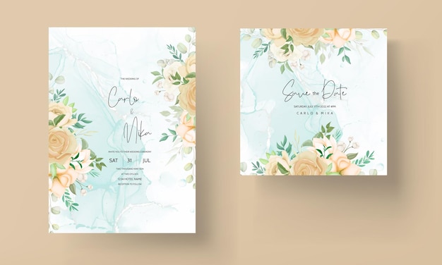 beautiful hand drawing soft floral wedding invitation set template 