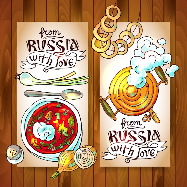 Beautiful hand drawn banners russian cuisine top view