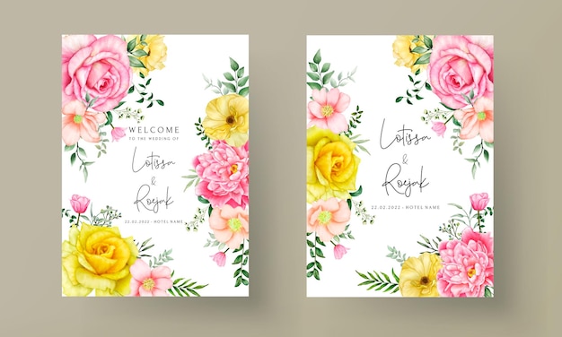美しい手描き咲く花の結婚式の招待状のテンプレート