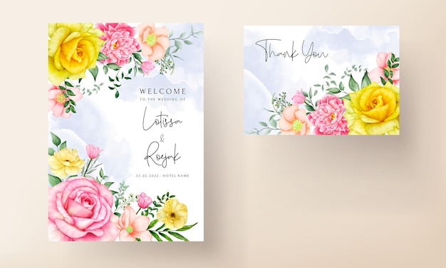 Beautiful hand drawn blooming floral wedding invitation template