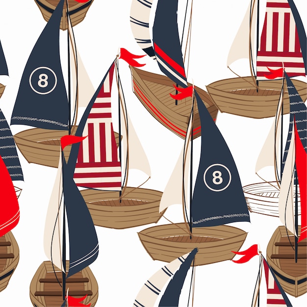 Beautiful hand drawn boat on the ocean seamless pattern