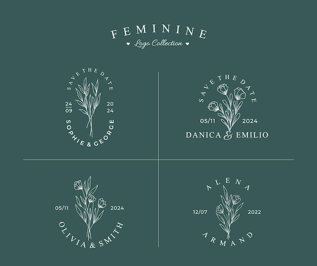 Vector beautiful hand drawn botanical logo with badge collection set