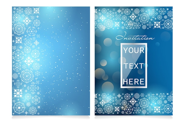 Красивой рисованной рождественские и новогодние пригласительные билеты с копией пространства для вашего текста. Ажурные векторные снежинки на синем фоне блестящих боке блеск для дизайна открыток, приглашений.