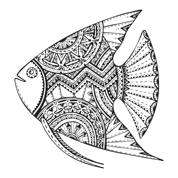 Красивая рисованная рыба в графическом стиле zentangle