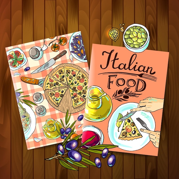 Vector beautiful hand drawn flayers italian food on the wood texture