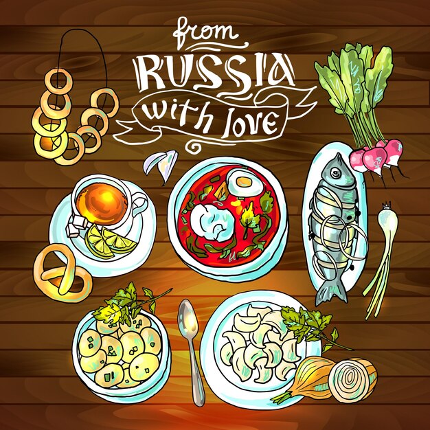 Bella vista dall'alto della cucina russa dell'illustrazione disegnata a mano dell'alimento