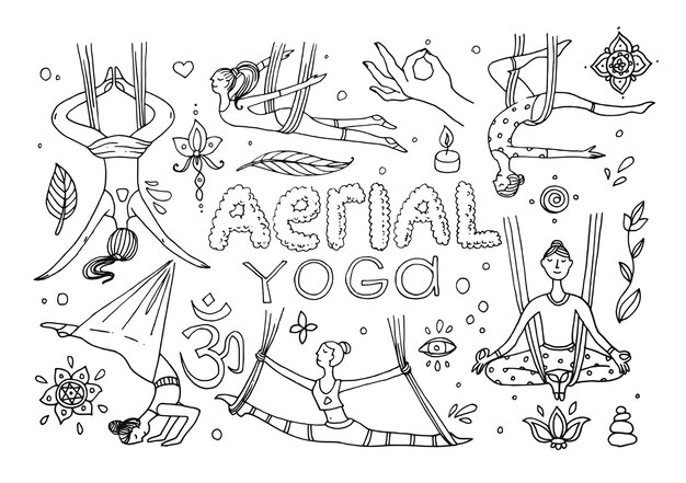 Vector beautiful hand drawn illustration aerial yoga doodle style drawing
