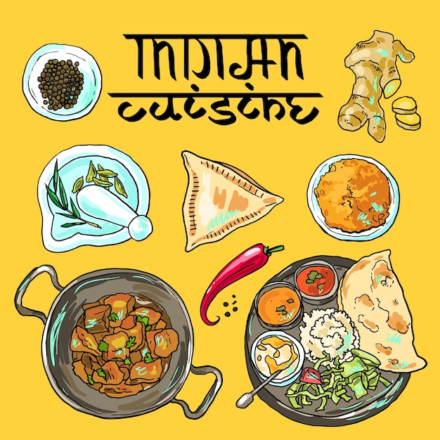 Beautiful hand drawn illustration indian food top view