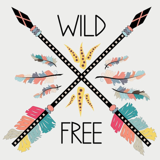 교차 민족 화살표 깃털 Boho 및 히피 스타일 아메리칸 인디언 모티프 Wild and Free 포스터와 함께 아름다운 손으로 그린 그림