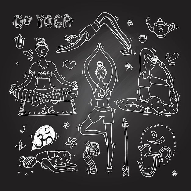 Bella illustrazione disegnata a mano fare yoga in stile doodle