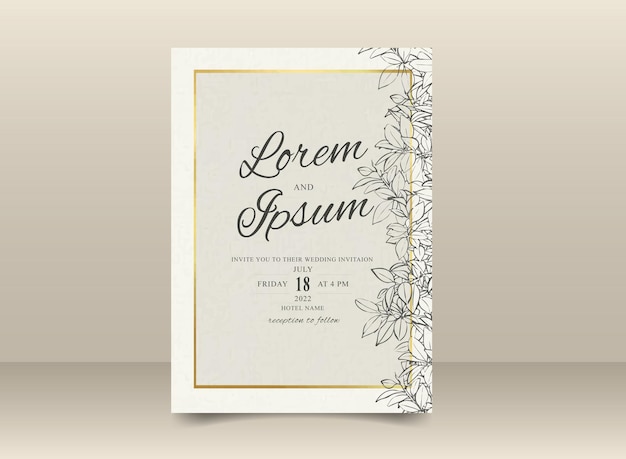 Beautiful hand drawn lineart foliage wedding invitation card