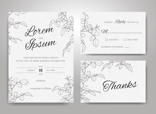美しい手描きのラインアートの結婚式の招待カード セット