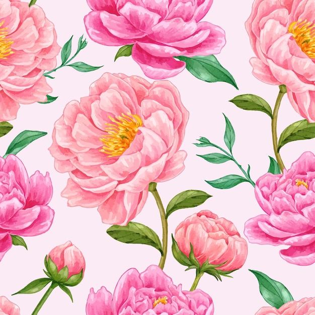 beautiful hand drawn pink peony flower seamless pattern