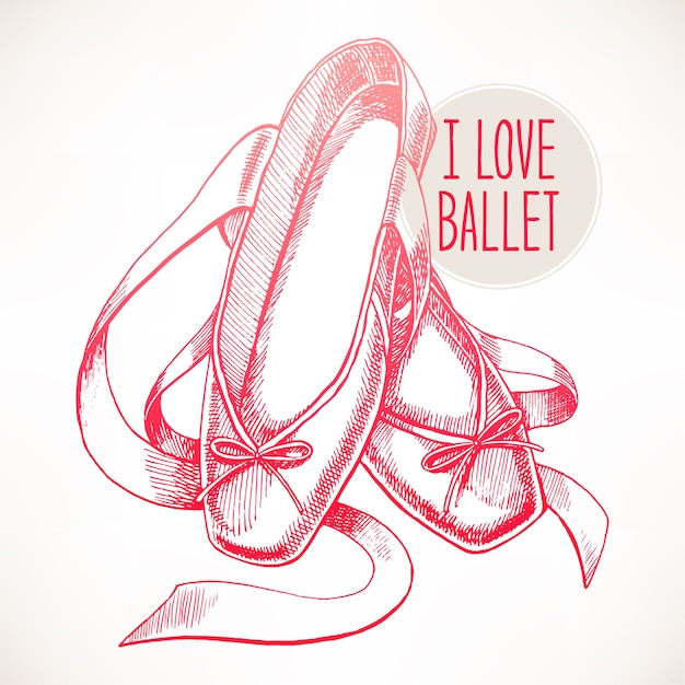 Beautiful hand-drawn pink pointe shoes with long ribbons