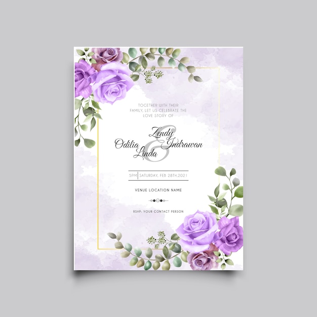 beautiful hand drawn purple rose wedding card template