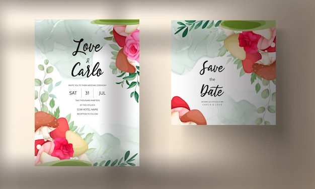 Belle rose disegnate a mano e set di biglietti d'invito per matrimoni con funghi