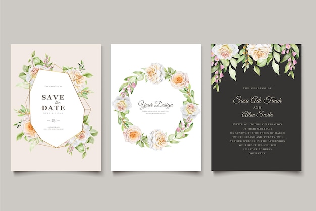 Vector beautiful hand drawn roses wedding invitation card set