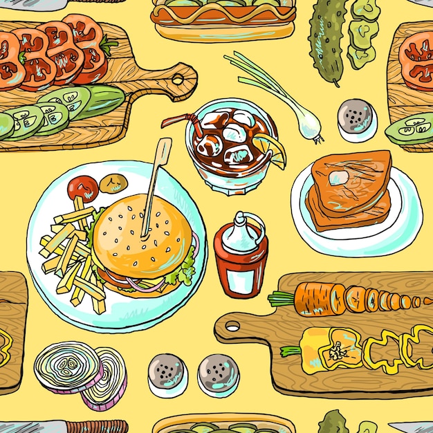 Beautiful hand drawn seamless pattern cooking fast food top view