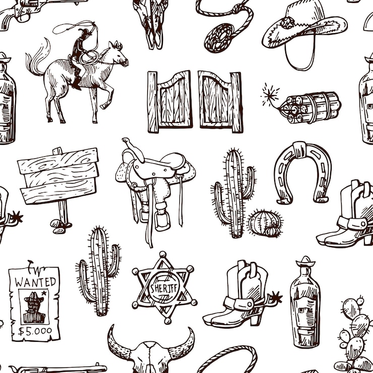 Vector beautiful hand drawn seamless pattern wild west cartoon style cowboy