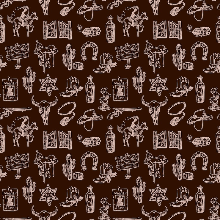 Vector beautiful hand drawn seamless pattern wild west cartoon style cowboy