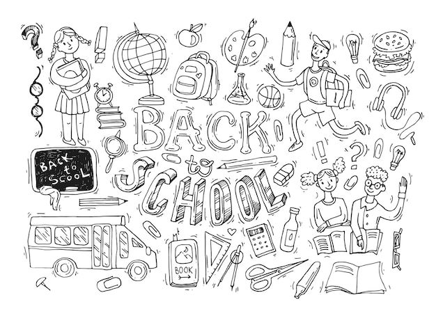 Bella serie disegnata a mano di illustrazione vettoriale per tornare a scuola in stile doodle