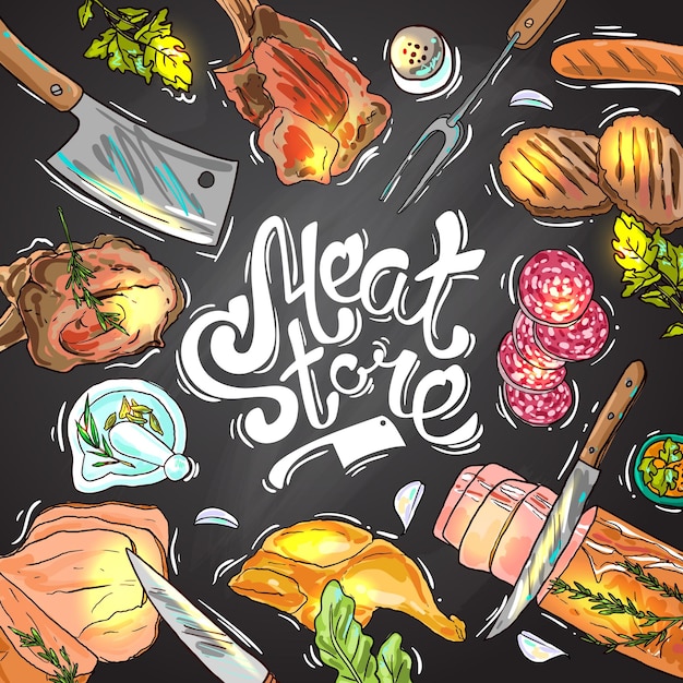 Красивый нарисованный вручную эскиз иллюстрации различных видов мяса и мясных продуктов на доске сверху