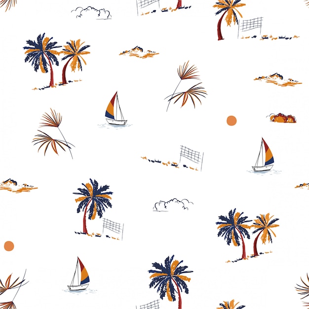 Beautiful hand drawn summer island vacation mood paradise seamless pattern