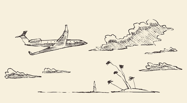 美しい手描きの休暇ポスター、飛行機が島に向かって飛ぶ、ベクトルイラスト、スケッチ