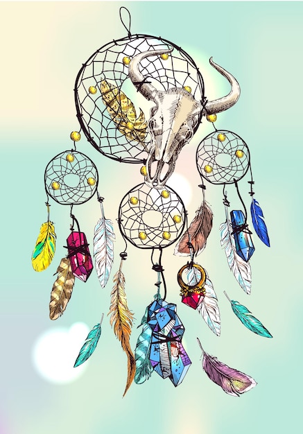 Beautiful hand drawn vector boho style illustration of dreamcatcher Use for postcards print for tshirts posters wedding invitation tissue linens