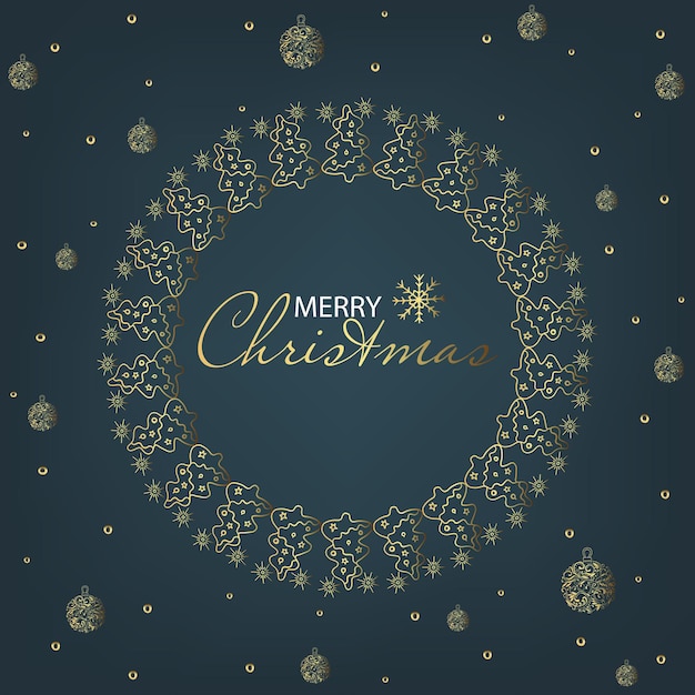 Beautiful hand drawn vector Christmas and New Year composition. Gold Stars, Christmas toys, salute, Christmas trees, snowflake, snow in a circle on a blue background. Frame with copy space.