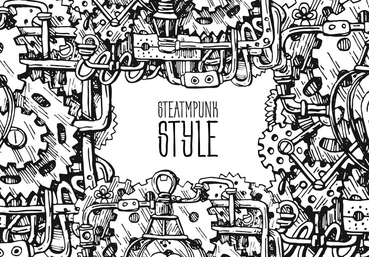 Beautiful hand drawn vector graphic illustration mechanical element Steampunk style drawing
