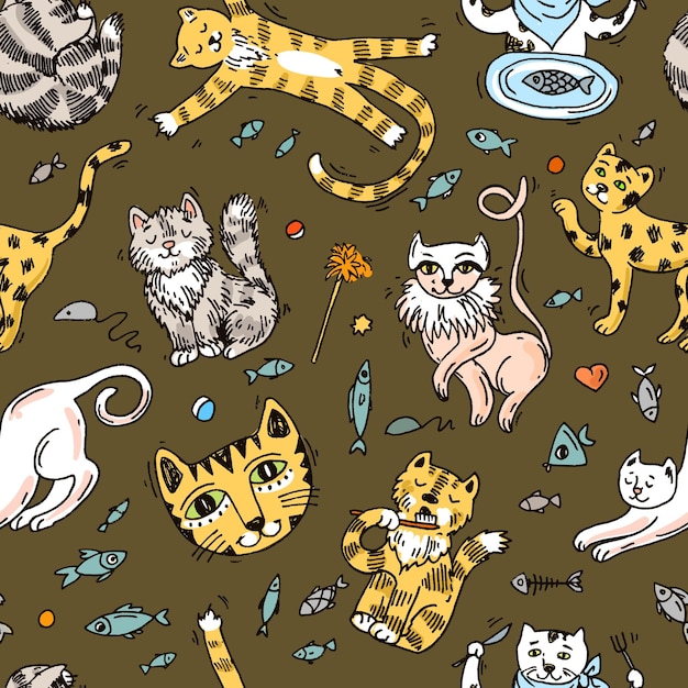 Beautiful hand drawn vector illustration cute cats doodle style