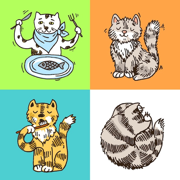 Bella illustrazione vettoriale disegnata a mano simpatici gatti in stile doodle