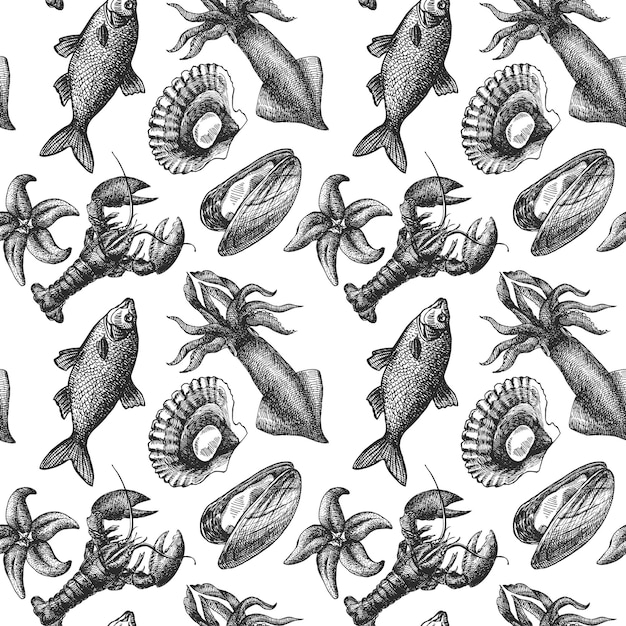 Beautiful hand drawn vector illustration sea food sea food engraving style seafood seamless pattern