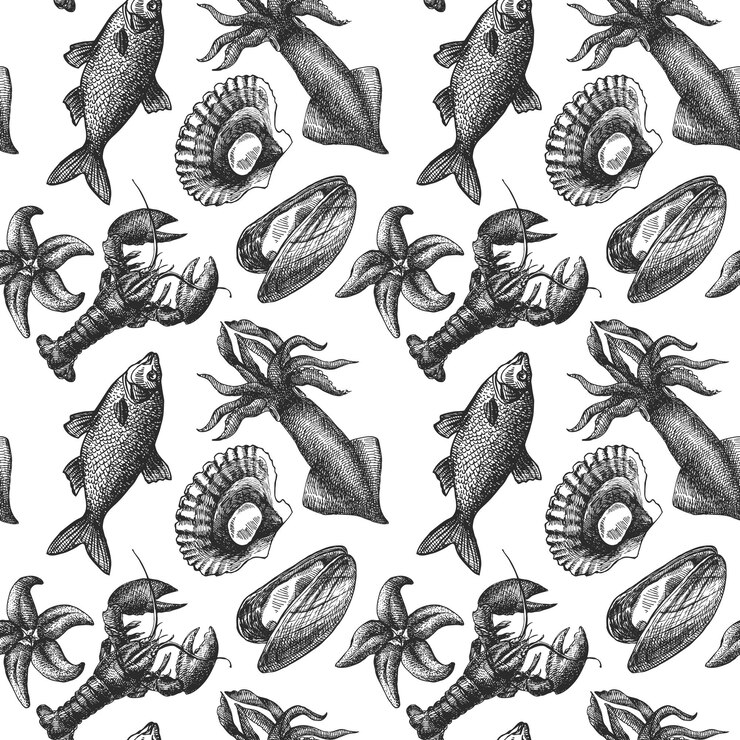 Vector beautiful hand drawn vector illustration sea food sea food engraving style seafood seamless pattern