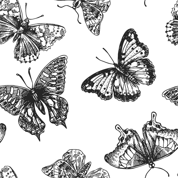 Красивая ручная рисованная векторная иллюстрация, набросок бабочек в стиле бохо, бесшовный узор. использование для печати открыток для футболок, плакатов, свадебных приглашений, салфеток.