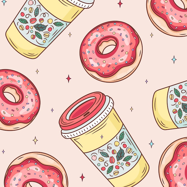 Beautiful hand drawn vector seamless pattern donut