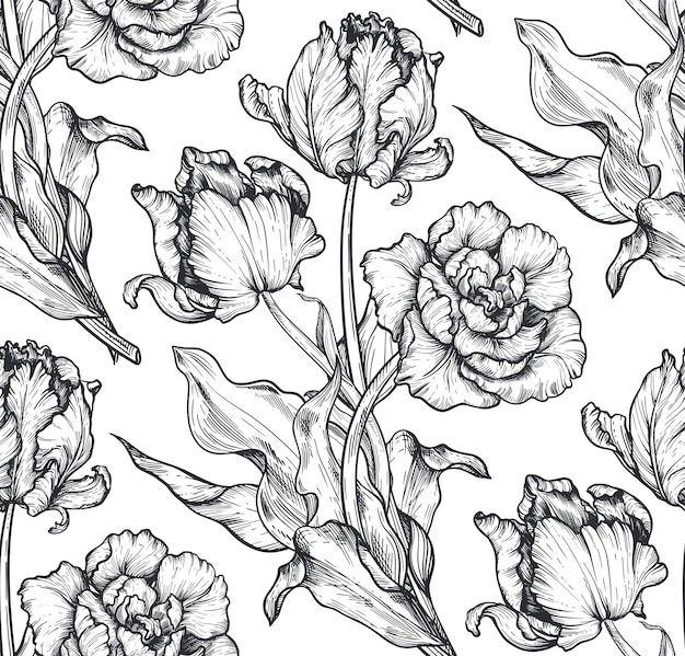 Beautiful hand drawn vector seamless patterns with black and white tulip flowers