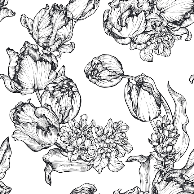 검은색과 흰색 튤립 꽃으로 아름 다운 손으로 그린 벡터 원활한 패턴