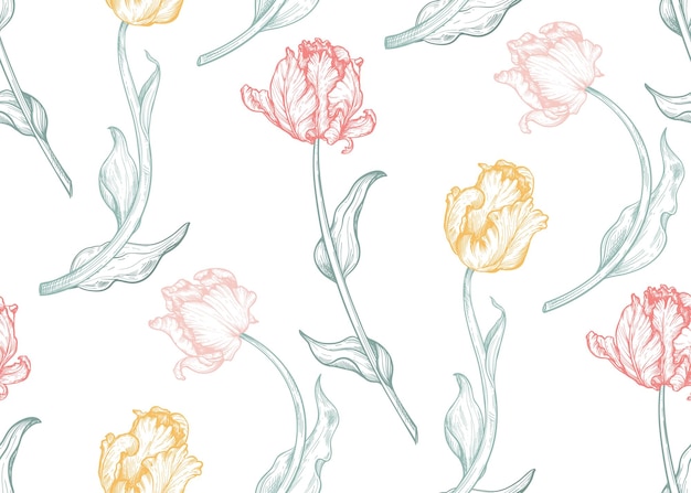 Beautiful hand drawn vector seamless patterns with tulip flowers