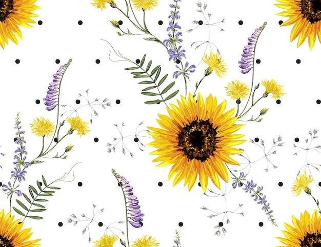 ベクトル 夏の野生の花ひまわり水玉模様の美しい手描きのビンテージ花柄の背景