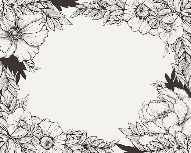 Beautiful hand drawn vintage flowers with framing ornament