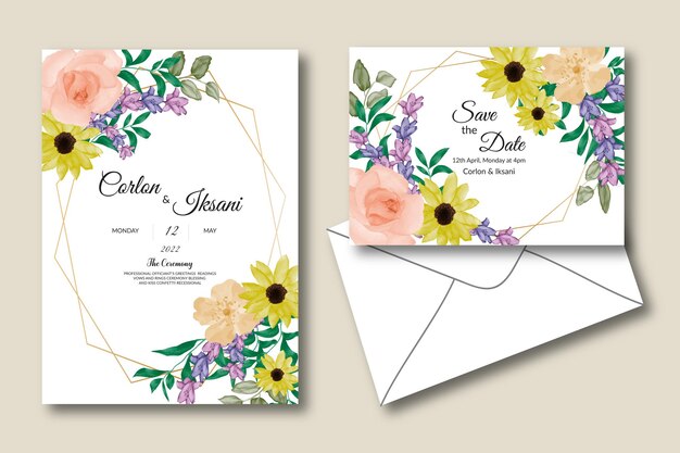 Beautiful hand drawn watercolor floral wedding invitation background with sample text template