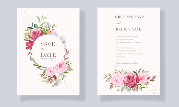 Beautiful hand drawn wedding card template with burgundy and pink floral frame and border decoration