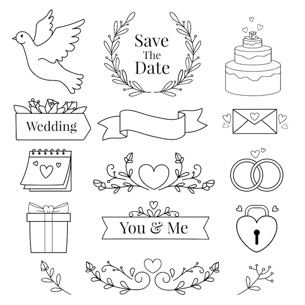 Vector beautiful of hand drawn for wedding element collection