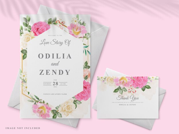 Vector beautiful hand drawn wedding invitation card template with pink rose design