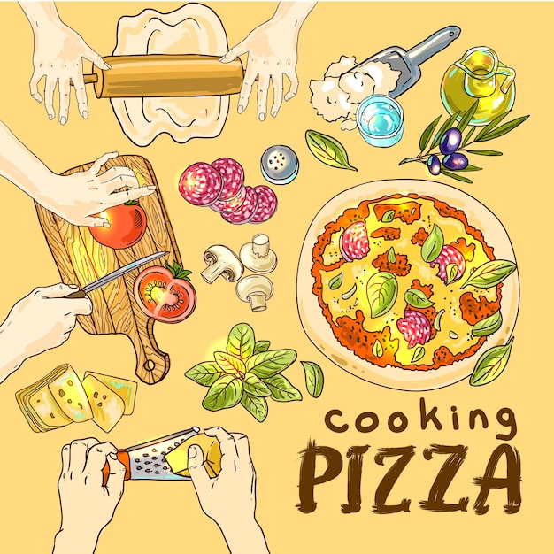 beautiful hand drwan vector illustration cooking pizza for your design