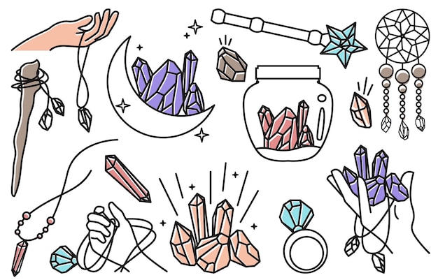 Beautiful Handdrawn Aesthetic Gemstone Crystal Unique Stuff Set