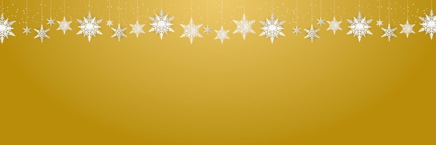 Beautiful hanging snowflakes and falling snow on gold background suit for christmas, new year, and winter banner, greeting card