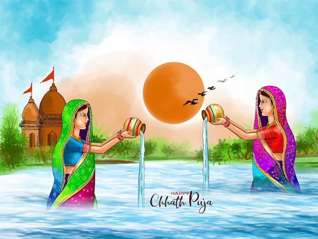 아름다운 행복한 Chhath puja 인도 힌두교 축제 종교 카드  ⁇ 터